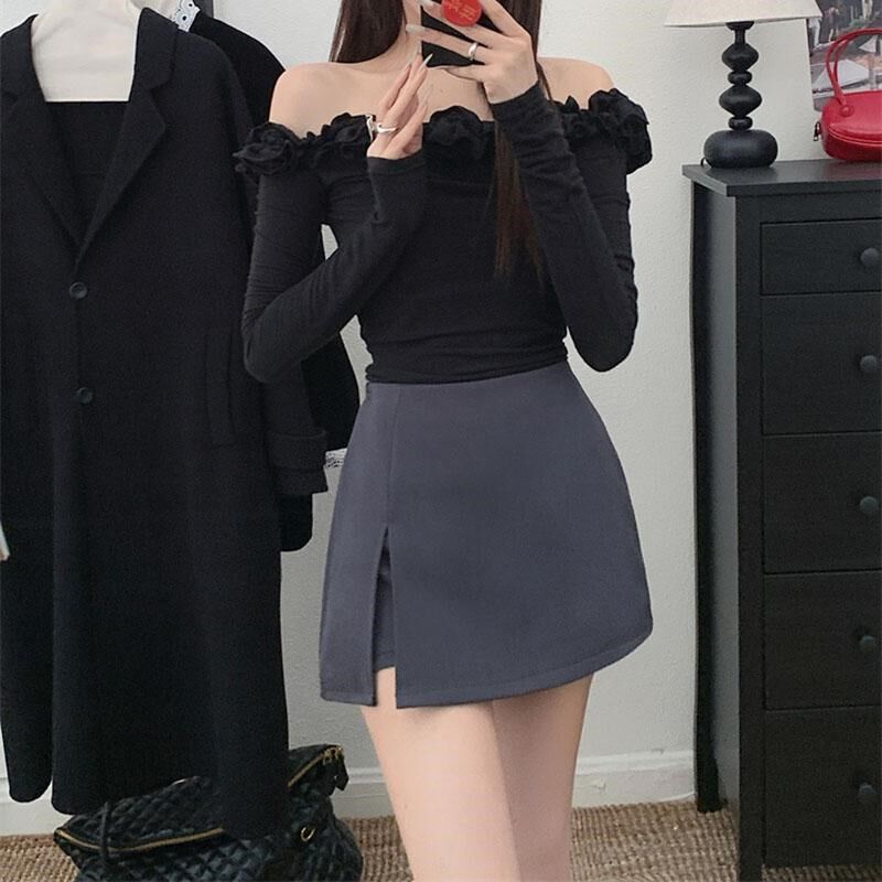 灰色开叉短裙女2025春新款百搭高腰显瘦a字裙西装裙裤黑色半身裙