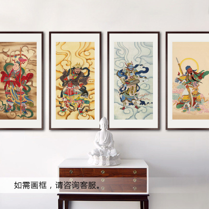 工笔人物国画四大元帅护法马赵温关水陆画新中式画轴卷轴画框挂画