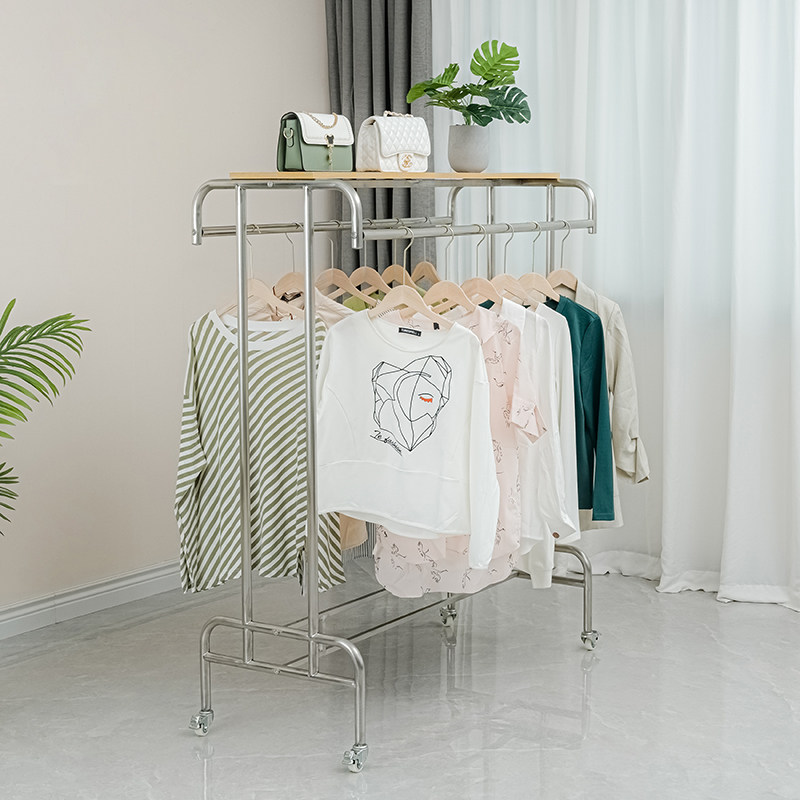 服装店中岛展示架童装双杠挂衣架女装店陈列架不锈钢服装架拉丝银