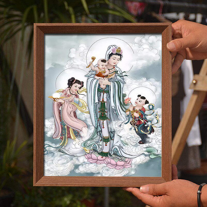 送子观音画像挂画助孕求子观世音菩萨娘娘佛像摆件供奉相框摆台画