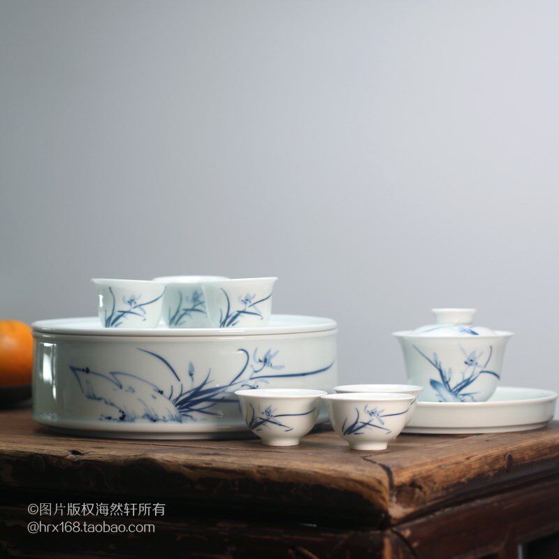 复古老潮州功夫茶具茶盘茶船 手绘青花瓷茶盘干泡盘茶池盖碗茶杯