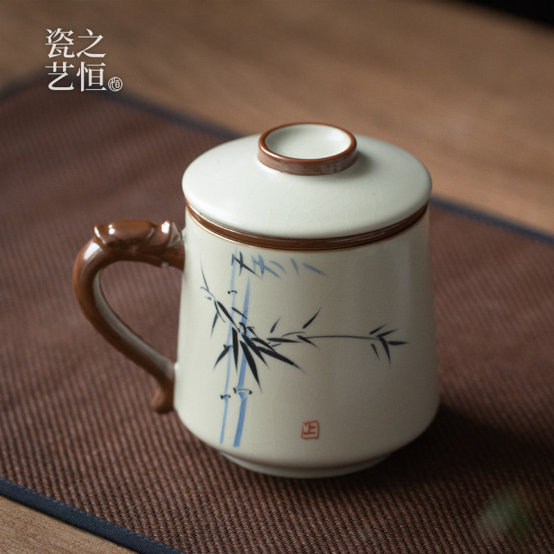 瓷之艺恒汝窑泡茶杯带盖子大容量水杯茶杯茶水分离杯子礼盒装送礼