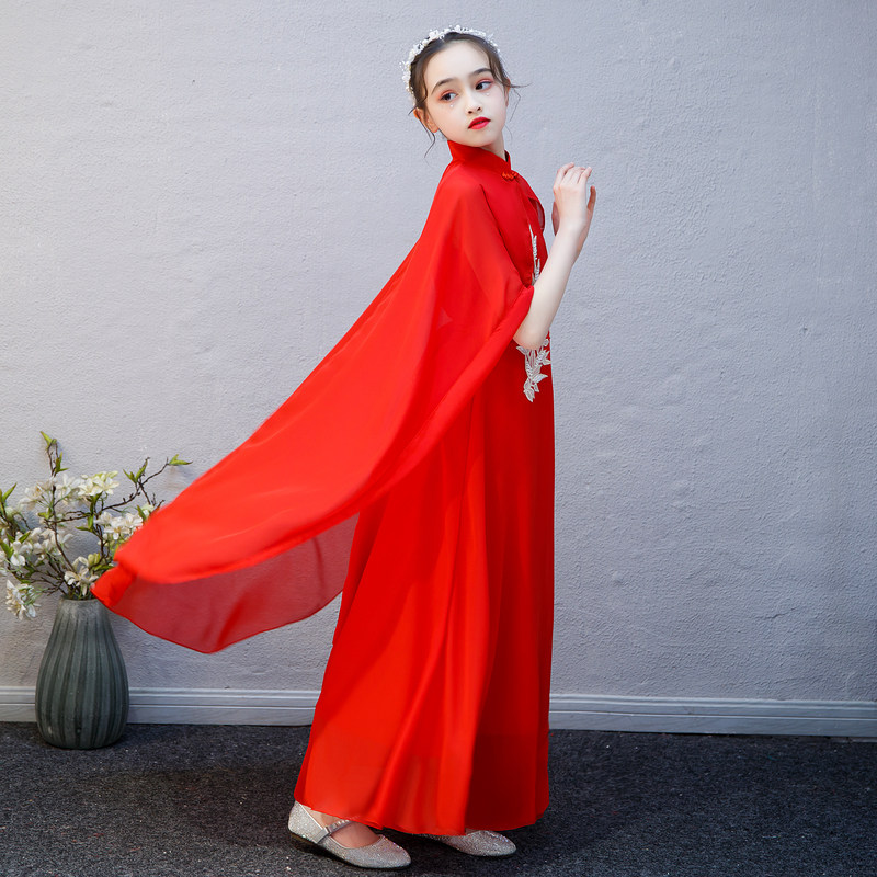 新款儿童高端礼服女童古筝演出服红色中国风主持钢琴演奏艺考走秀