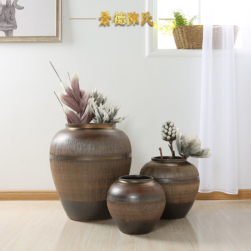 复古干花花瓶景德镇陶瓷陶罐摆件家居客厅插花做旧粗陶盆陶艺摆设