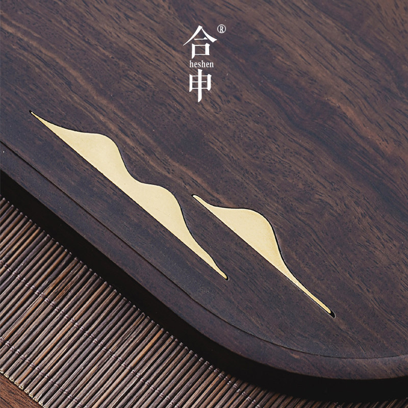 加厚黑檀木茶盘整块实木小型茶台家用简约茶杯托盘壶承干泡盘嵌铜