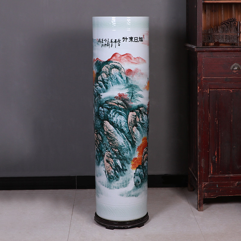 墨彩旭日东升陶瓷落地花瓶 中式风格酒店大花瓶 景德镇出品