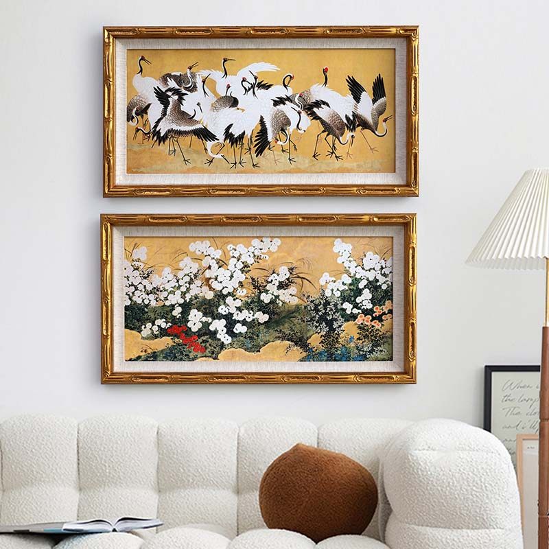《千鹤》法式中国风实木装饰画仙鹤长寿客厅沙发背景墙长方形挂画
