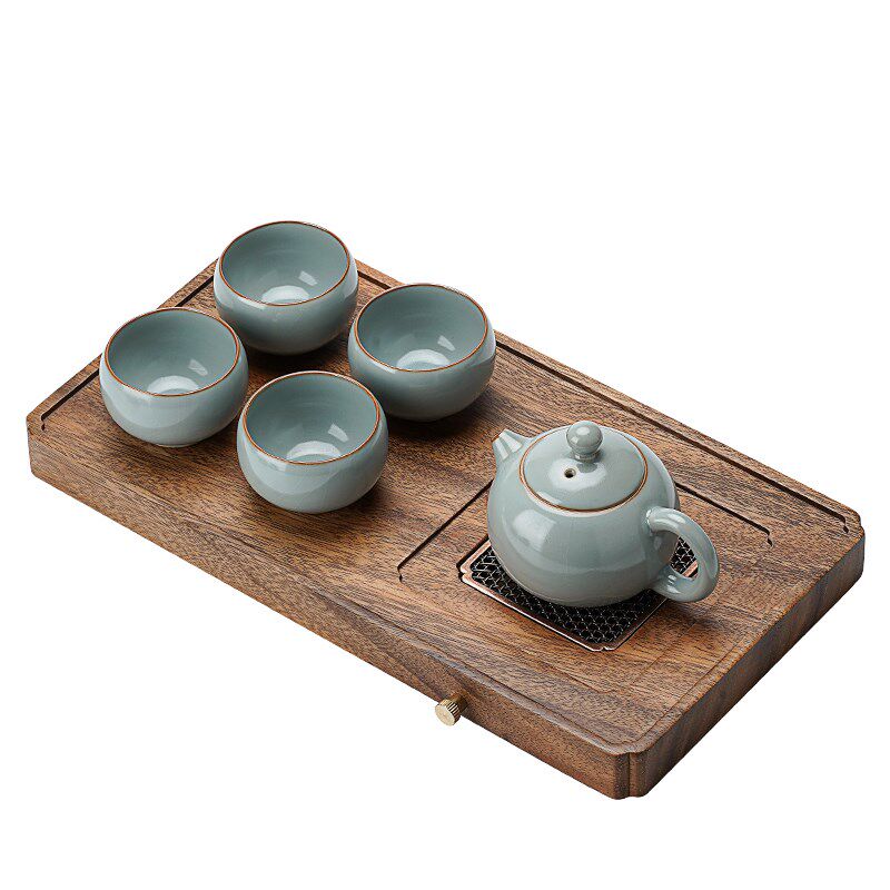 汝窑功夫茶具套装家用小型整套办公室陶瓷泡茶壶一壶四杯茶盘高档