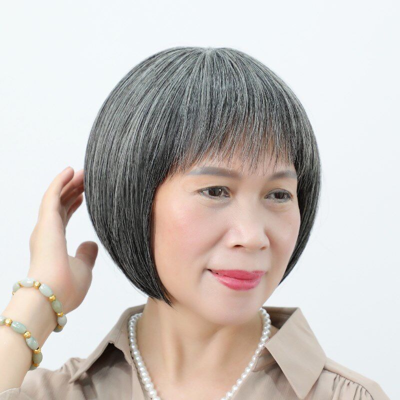 老人假发奶奶白发短发真发老太太花白头发波波头老年人光头全头套