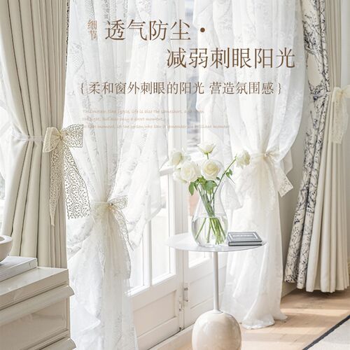 法式浪漫蕾丝窗帘成品纱帘直播厅氛围感女生装饰帘客厅阳台挂钩式