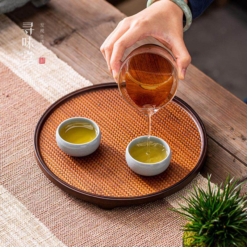 重竹编纹茶盘干泡盘席面长方形托盘竹制圆形茶台家用简约茶托盘