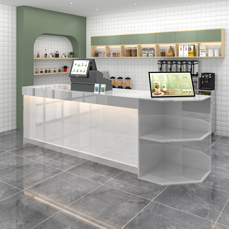 烤漆弧形餐饮店前台桌奶茶店柜台便利店收银台实木接待台吧台转角