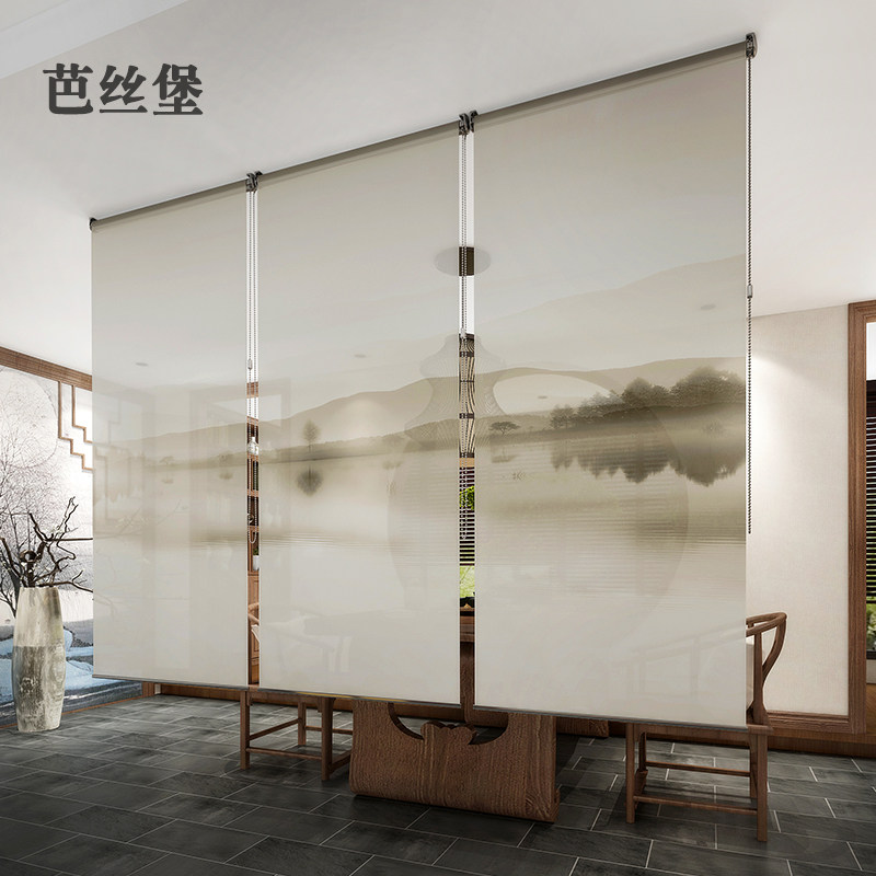 中式帘子软屏风帘隔断悬挂式客厅茶室透明办公室卷帘窗帘升降装饰