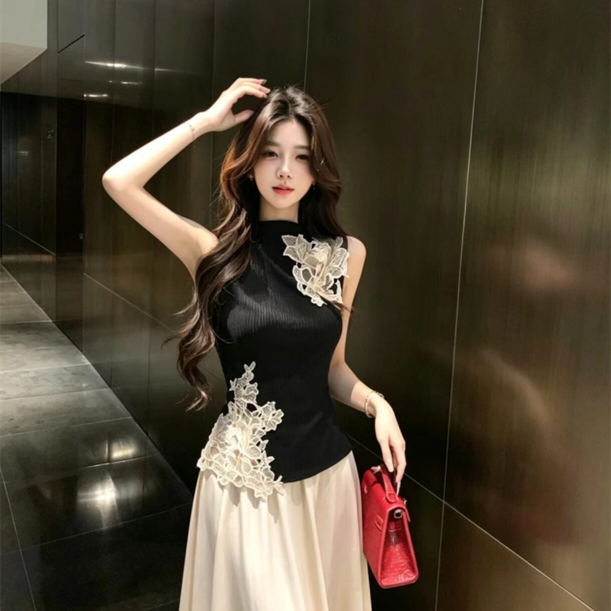 实价实拍~新中式无袖内搭针织背心蕾丝拼接亲肤上衣高腰半裙套装