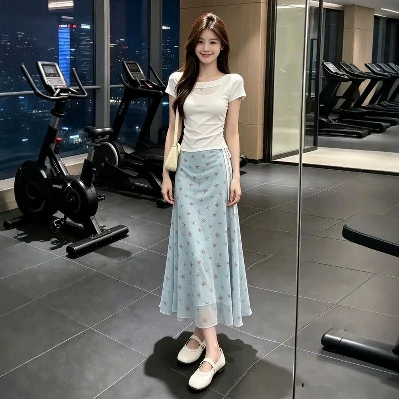 韩系碎花半身裙女夏季高腰显瘦雪纺包臀鱼尾裙短袖两件套