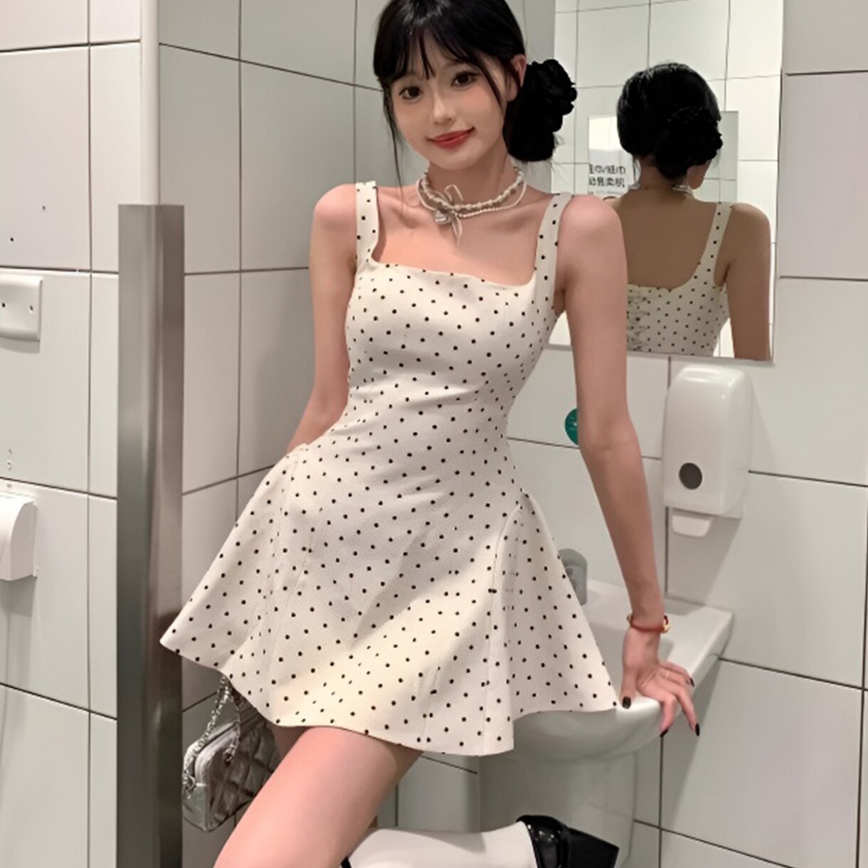 法式初恋少女方领吊带连衣裙女夏季2026新款收腰辣妹波点A字短裙