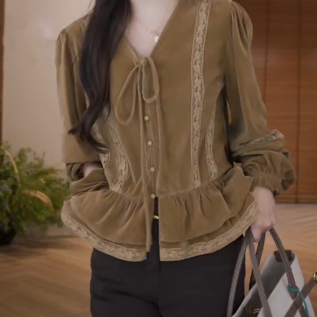 法式新款轻奢灯笼袖系带高级感女蕾丝拼接荷叶边时尚气质洋气上衣图片