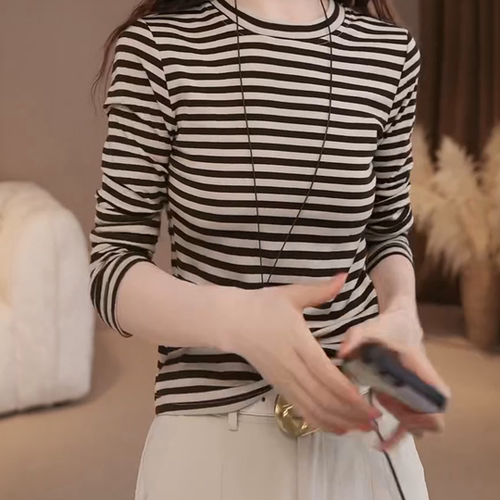 韩版新款条纹长袖T恤女百搭修身显瘦打底衫气质时尚上衣