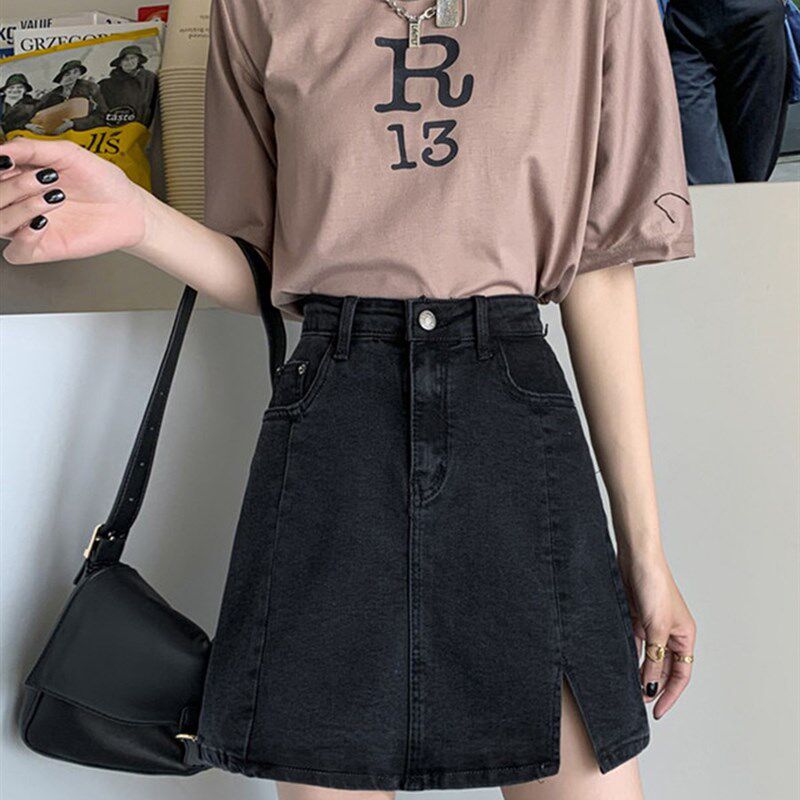 高腰牛仔短裙女夏季大码胖妹妹MM内衬防走光a字裤裙包臀裙半身裙