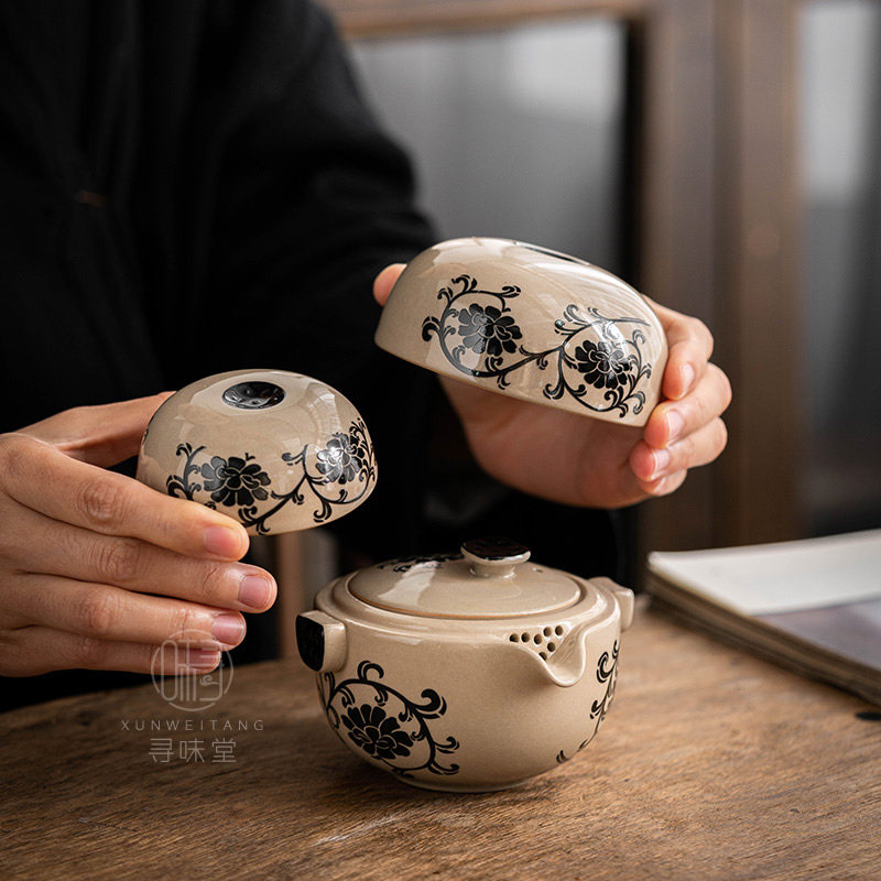 民窑雕花容天快客杯一壶两杯便携包旅行茶具磁州窑牡丹花青灰釉