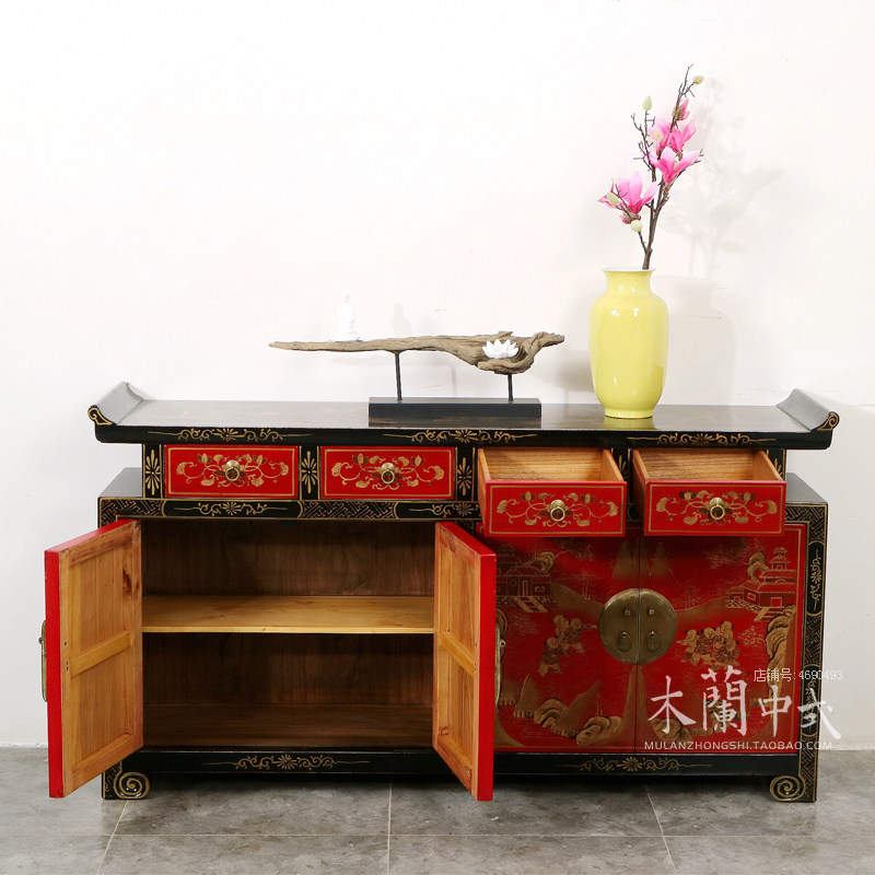 新中式家具 仿古做旧玄关柜 手绘描金翘头实木餐边柜装饰柜鞋柜