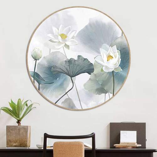 圆形荷花鲤鱼装饰画新中式淡雅荷花客厅餐厅茶室可自粘油画布画芯