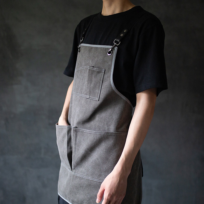 鹿造日式双肩咖啡馆美甲店理发师画室帆布围裙工作服男女定制logo