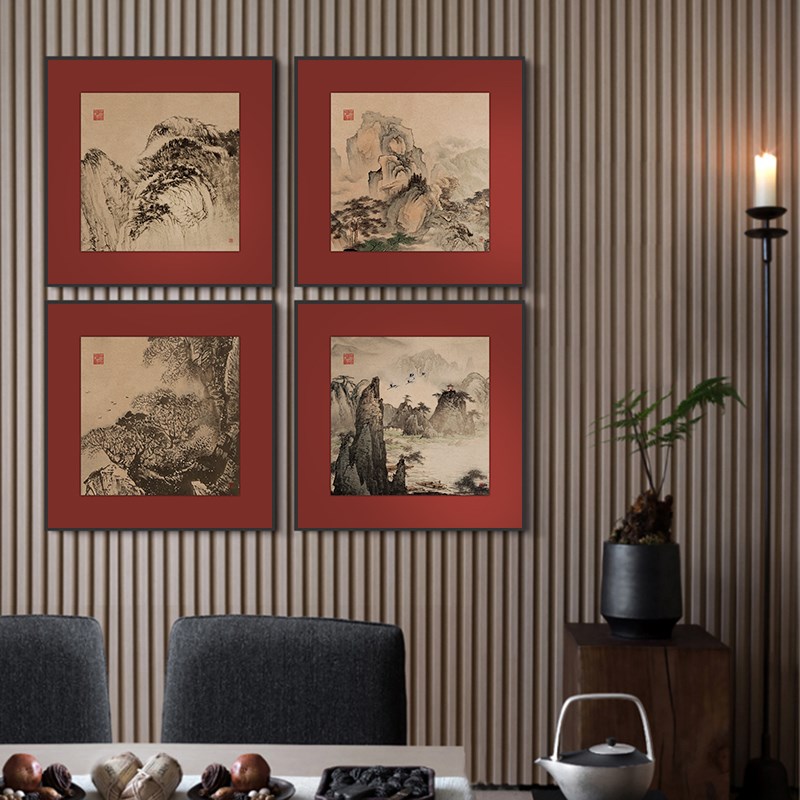 新中式餐厅背景墙装饰画高级感山水国画酒店红色挂画饭店包间壁画