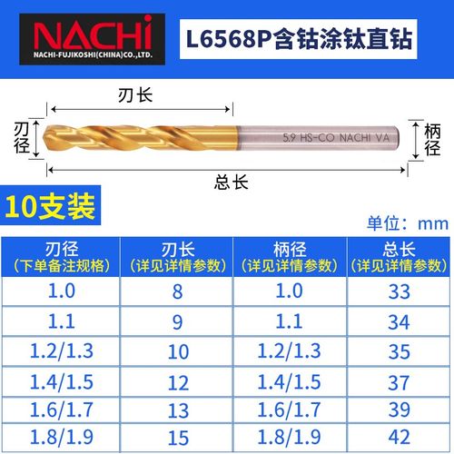 日本荔枝牌NACHI不二越L6568P钻头短刃免定心含钴镀钛不锈钢钻咀