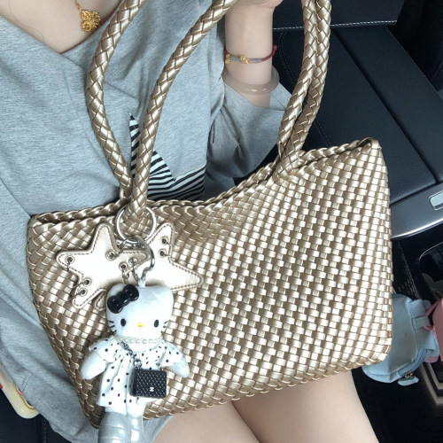 不辣Bula香槟金编织托特包女