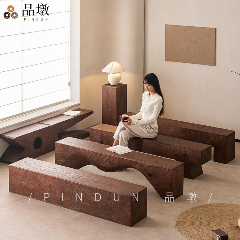 实木长凳黑胡桃木色餐凳深纹做旧原木墩子长条凳民宿床尾凳换鞋凳