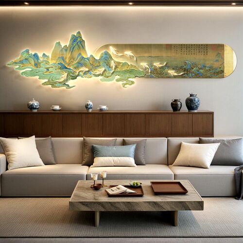 千里江山客厅挂画九鱼图新中式沙发背景墙K装饰画大气山水画壁画