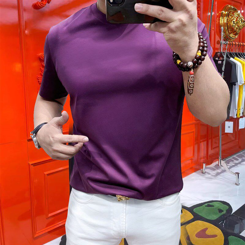 200支长绒棉圆领T恤男士短袖高级感高端丝滑丝光棉光泽青年打底衫