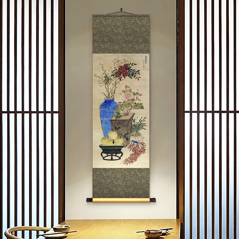 岁朝清供图中式丝绸卷轴挂画明清古画餐厅书房装饰画玄关过道壁画