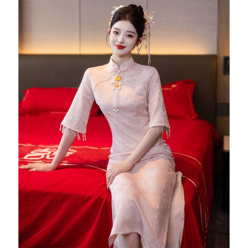 新中式粉色旗袍改良2024新款订婚连衣裙平时可穿敬酒服新娘晚礼服