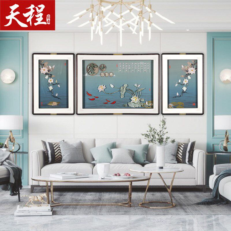 客厅沙发背景墙LED灯装饰画三联挂画新中式玉雕高档氛围玉石壁画
