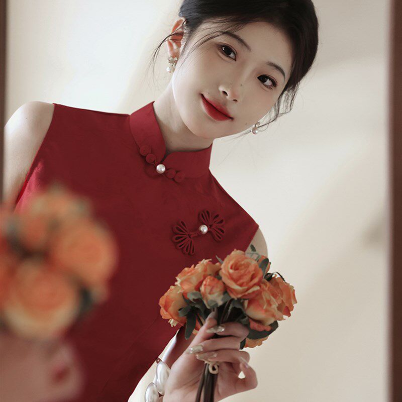 红色新中式旗袍敬酒服2024新款夏季无袖晨袍女新娘结婚订婚礼服裙