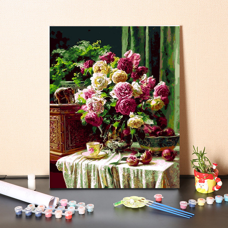 数字油画diy填充牡丹花卉欧式客厅装饰画手绘减压手工填色油彩画