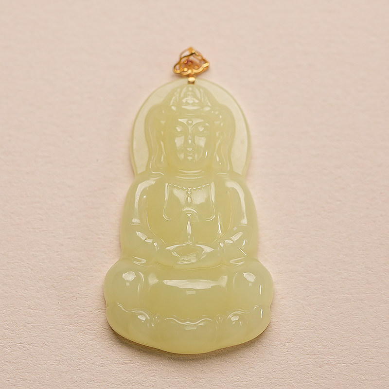 鑫浩矿业和田玉天然黄玉观音吊坠冰种玉石挂件高品项链送礼带证书