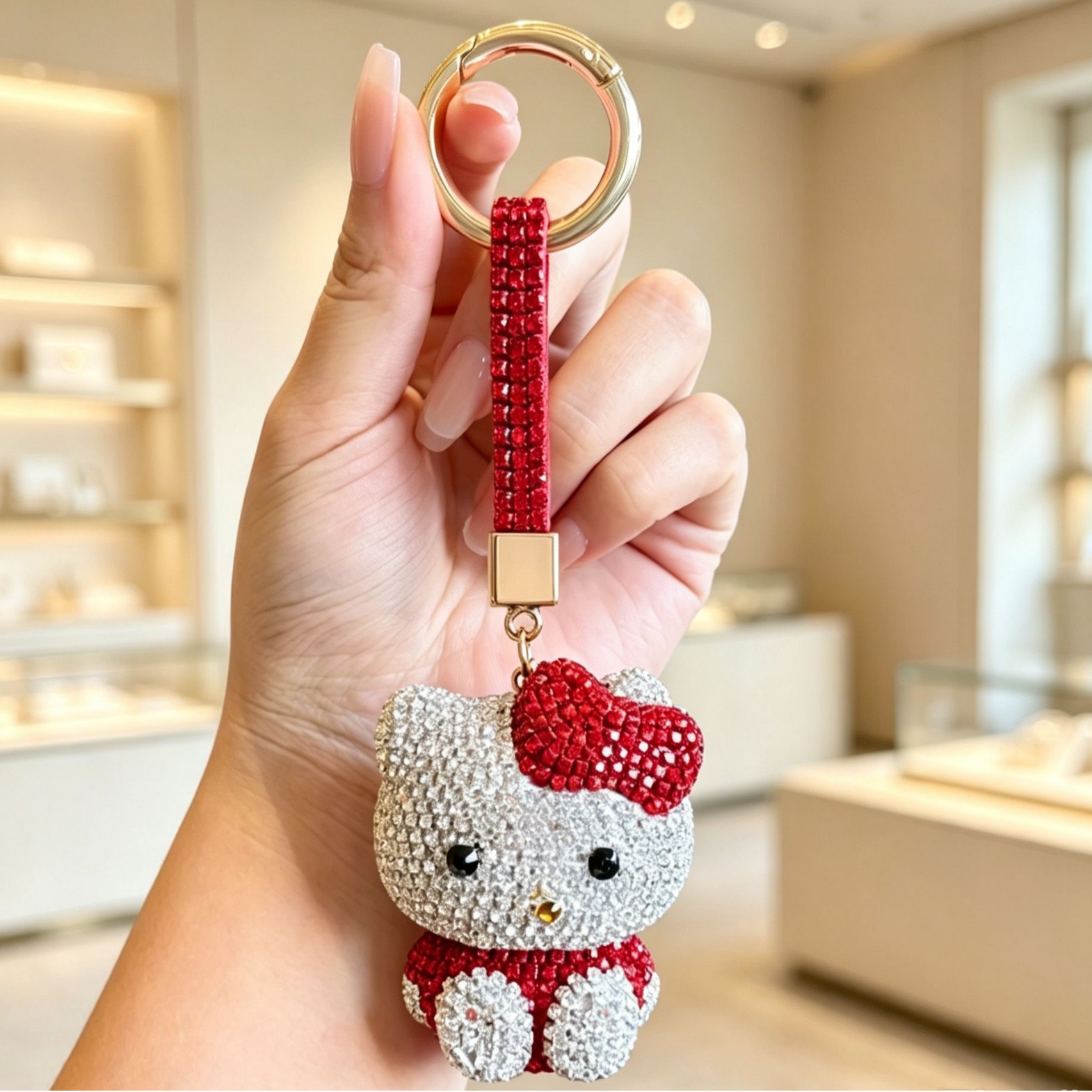 跨境镶钻KT猫钥匙扣满钻凯蒂猫精品轻奢时尚包包小挂件汽车钥匙链