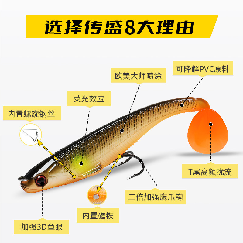 TRUSCEND传盛T尾软饵底钩路亚假鱼翘嘴鲈鱼鳜鱼淡水路亚饵5条装