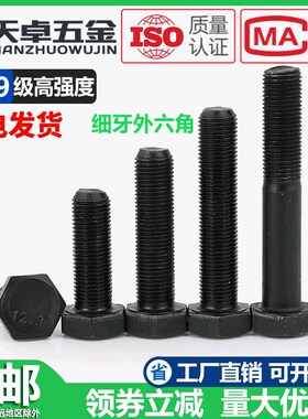12.9级细牙外六角螺丝细丝螺母螺钉细扣幼牙螺栓套装M8M10M12-M36