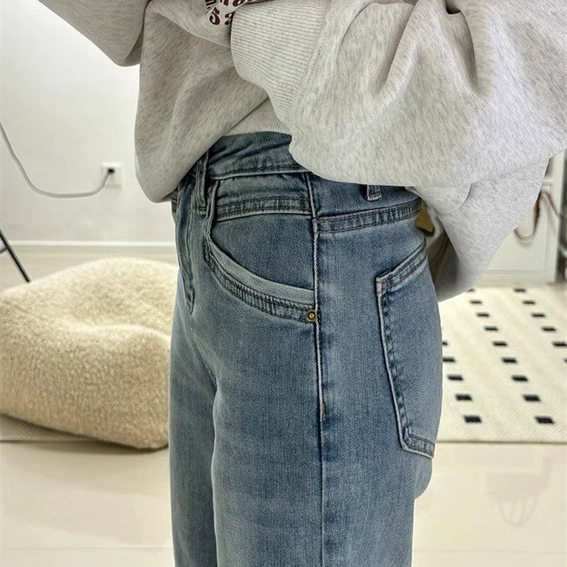 xxs七分145直筒卷边牛仔裤女秋冬复古高腰八分显高小个子阔腿裤子