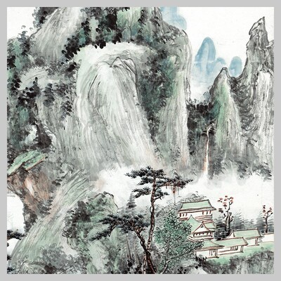 黄宾虹 山水图 碧水丹崖 风景山水国画 装饰画立轴 高清微喷复制