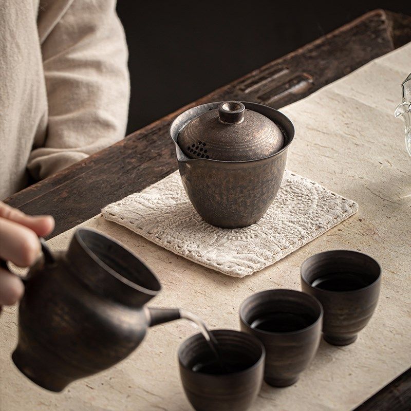 中式鎏金复古手抓壶铁锈釉茶壶旅行粗陶瓷快客杯盖碗茶杯功夫茶具