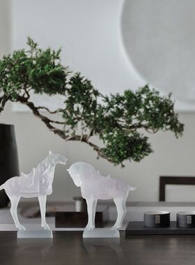 新中式白色透明磨砂动物马摆件客厅书房玄关装饰品博古架艺术摆设
