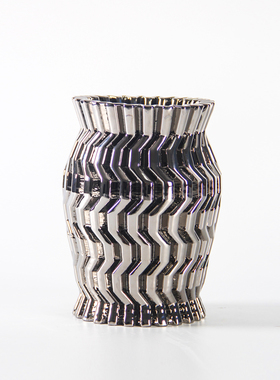 景德镇电镀银色几何纹鱼篓形陶瓷花瓶摆件样板间客厅餐桌花器装饰