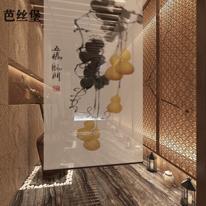 中式简约客厅玄关茶室升降卷帘窗帘全遮光家用餐厅画布艺五福临门