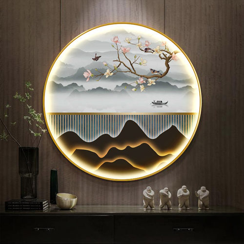 新中式玄关装饰画发光氛围LED灯画圆形壁画走廊过道禅意山水挂画