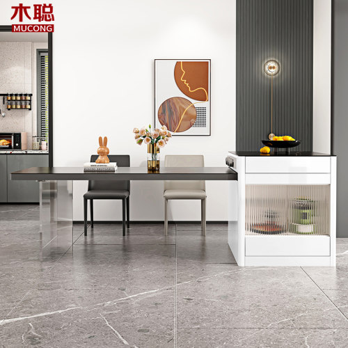 轻奢压克力悬浮岩板岛台餐桌一体可伸缩开放式厨房家用吧台小户型